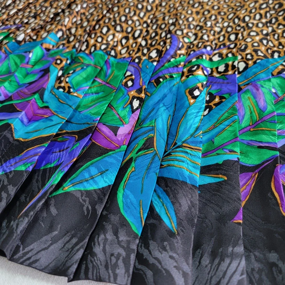 VTG 80s Adrianna Papell Silk Skirt Leopard Tropical Women L Eclectic